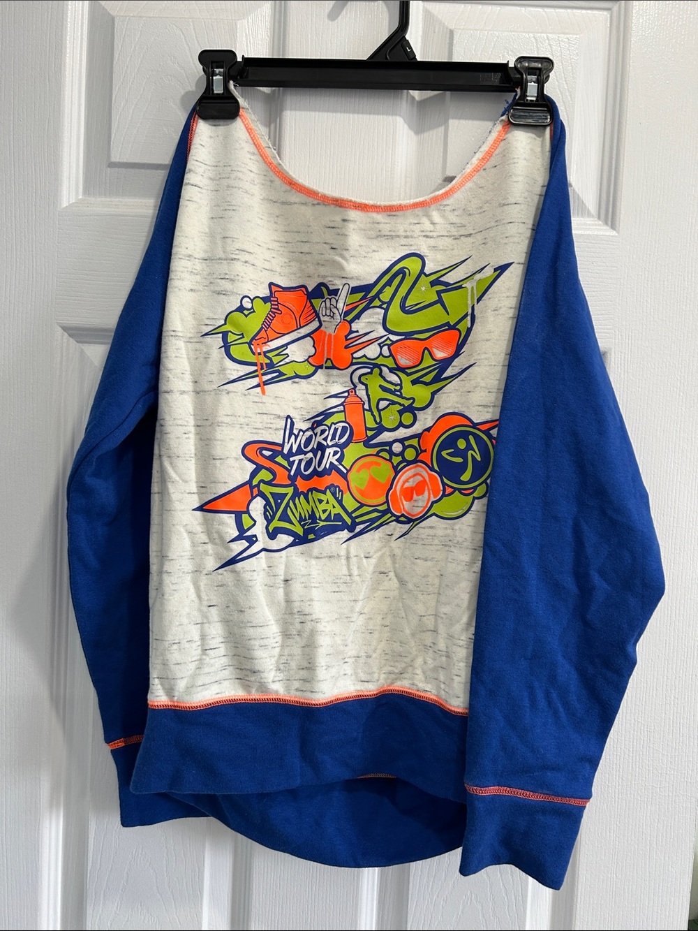 Vintage Zumba Off-Shoulder Sweater in Royal Blue with Neon Graphic